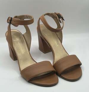 Stuart Weitzman Tan Leather Ankle Strap Block Heel Sandals Size 6.5M